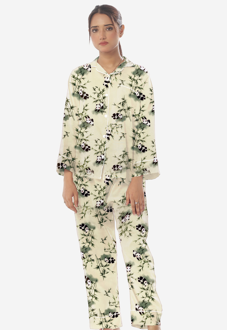 Linen Pajama Suit with Scrunchie - Cute Panda