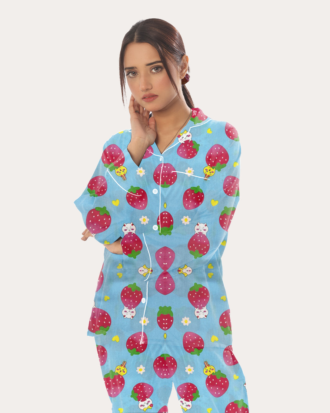 Sajiero Linen Pajama Suit with Scrunchie - Strawberry Dream