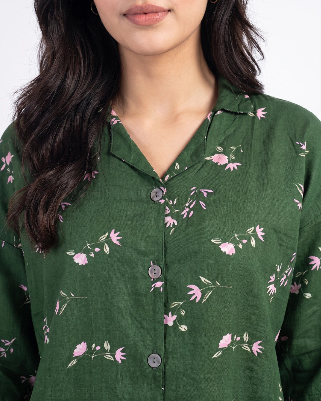 Linen Oversized PJ Set - Floral Breeze - Green