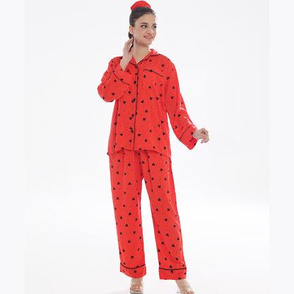 Sajiero Black Hearts Linen Pajama Suit with Scrunchie