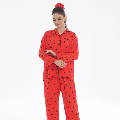 Sajiero Black Hearts Linen Pajama Suit with Scrunchie
