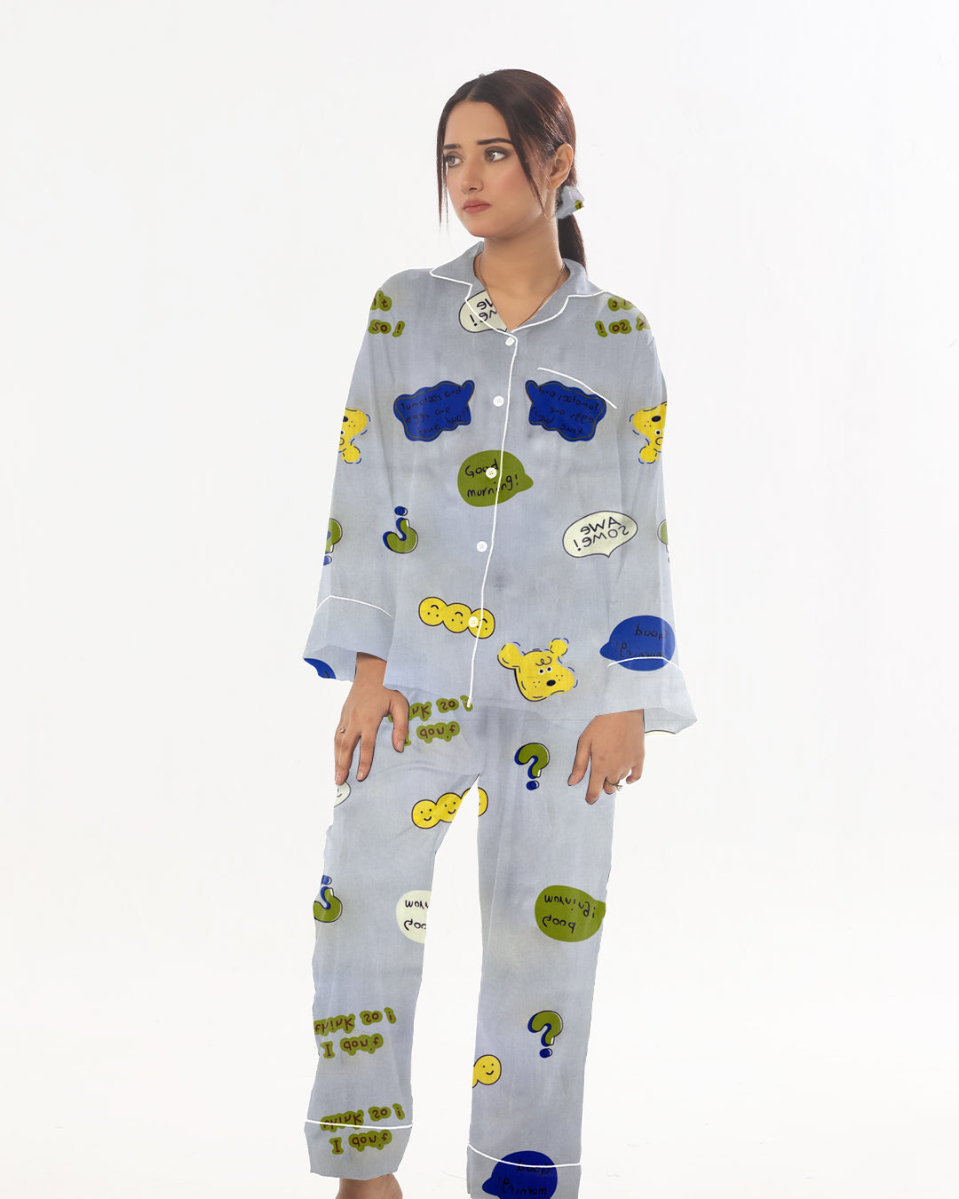 Sajiero Linen Pajama Suit with Scrunchie  - Happy Snooze