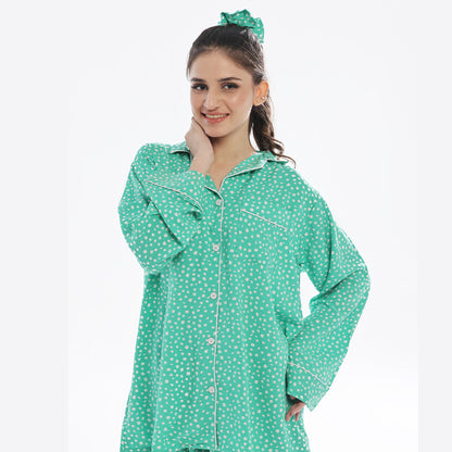 Sajiero Leafy Bloom Linen Pajama Suit with Scrunchie
