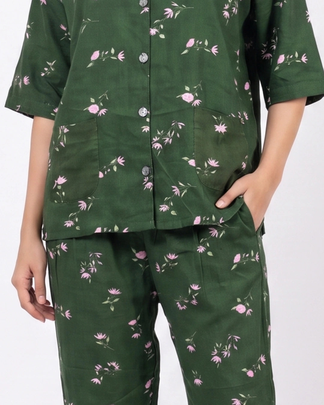 Linen Oversized PJ Set - Floral Breeze - Green