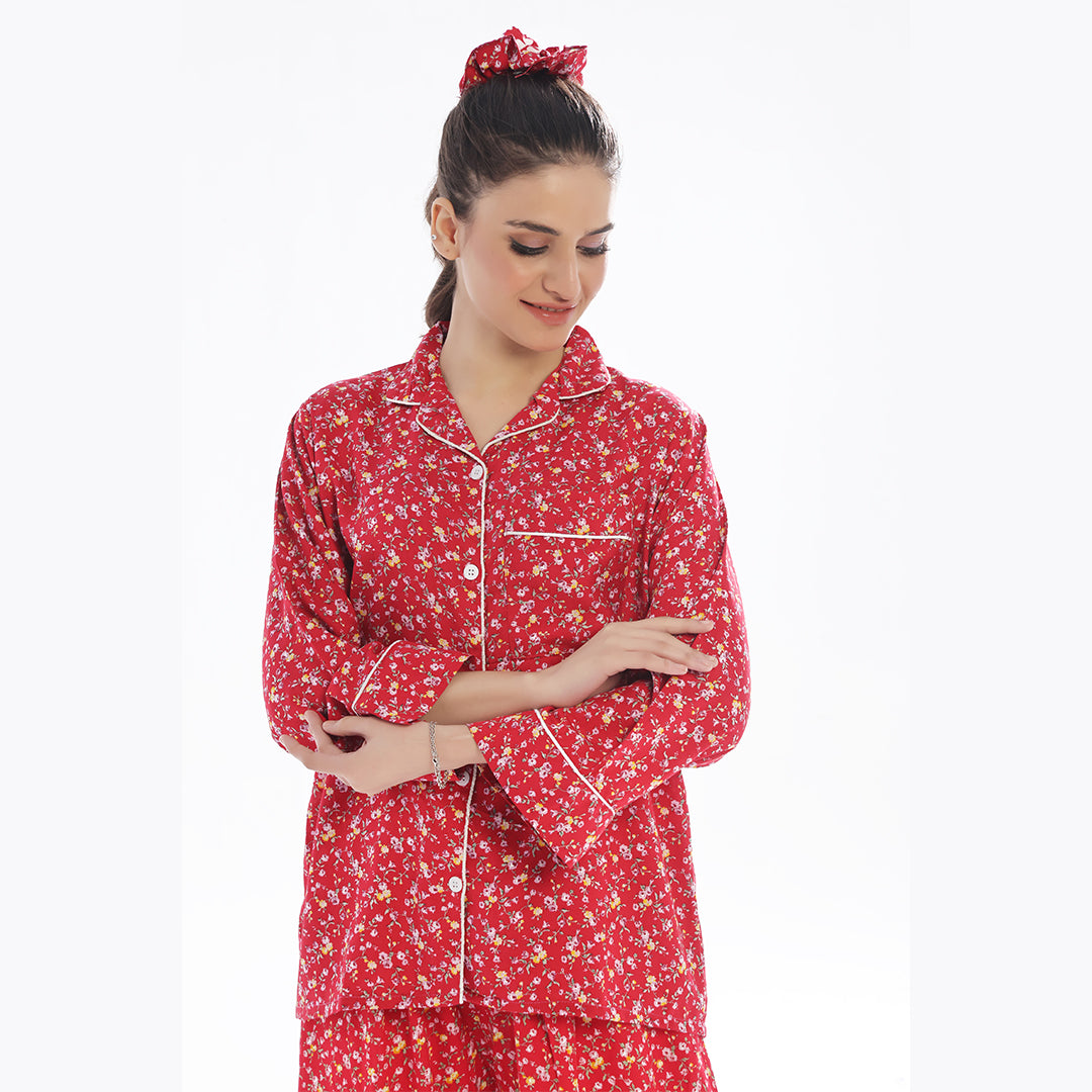 Sajiero French Red Flowers Linen Pajama Suit with Scrunchie