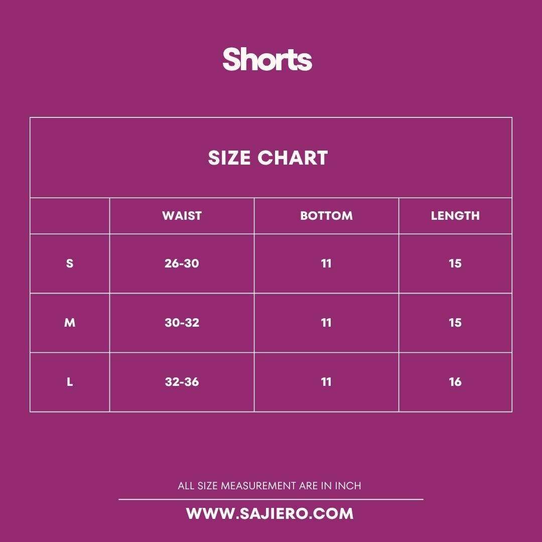 Size chart for shorts on a purple background with 'Sajiero' branding.