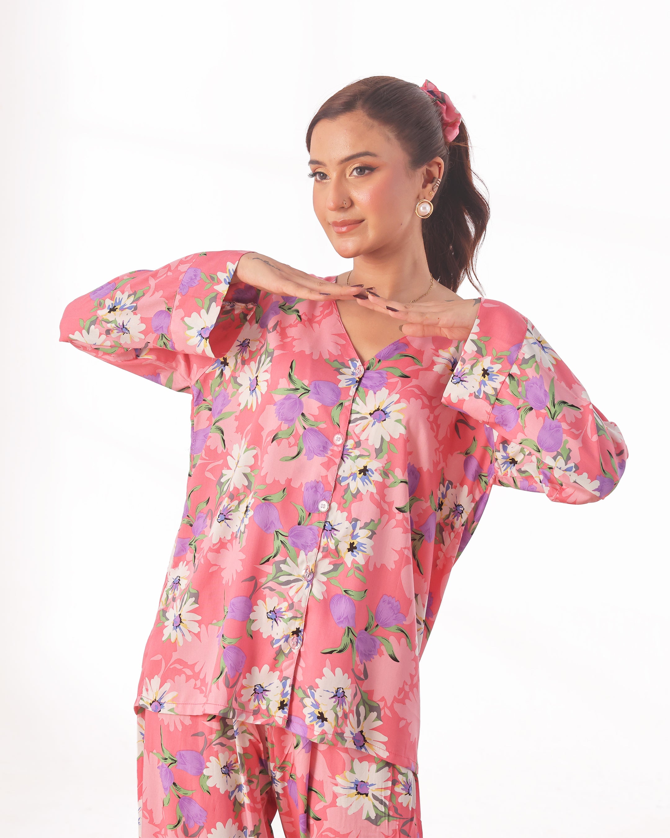 Linen Pajama Suit with Scrunchie - Blossom Hue