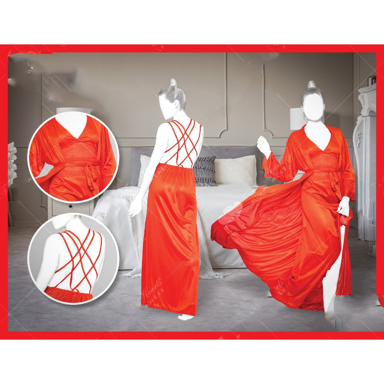 2 Piece Silk Nightwear Inner + Gown For Girls & Women