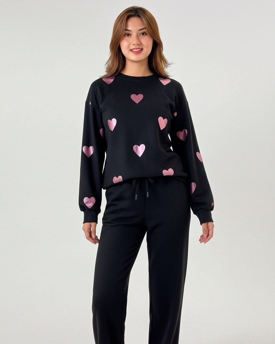 Fleece Pajama Set – Heart Cozy - Black
