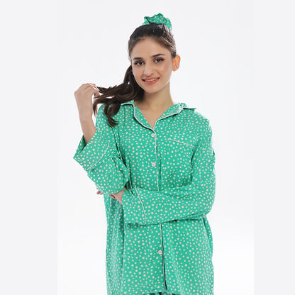 Sajiero Leafy Bloom Linen Pajama Suit with Scrunchie
