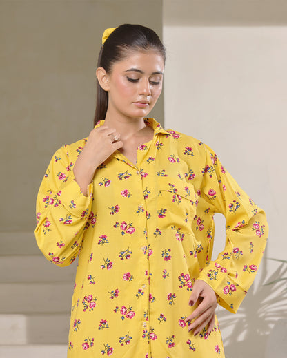 Sajiero Linen Pajama Suit with Scrunchie - Sunny Blossom