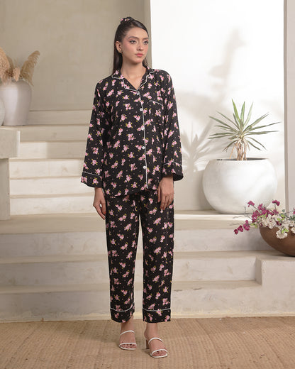 Linen Pajama Suit with Scrunchie - Dusky Rose