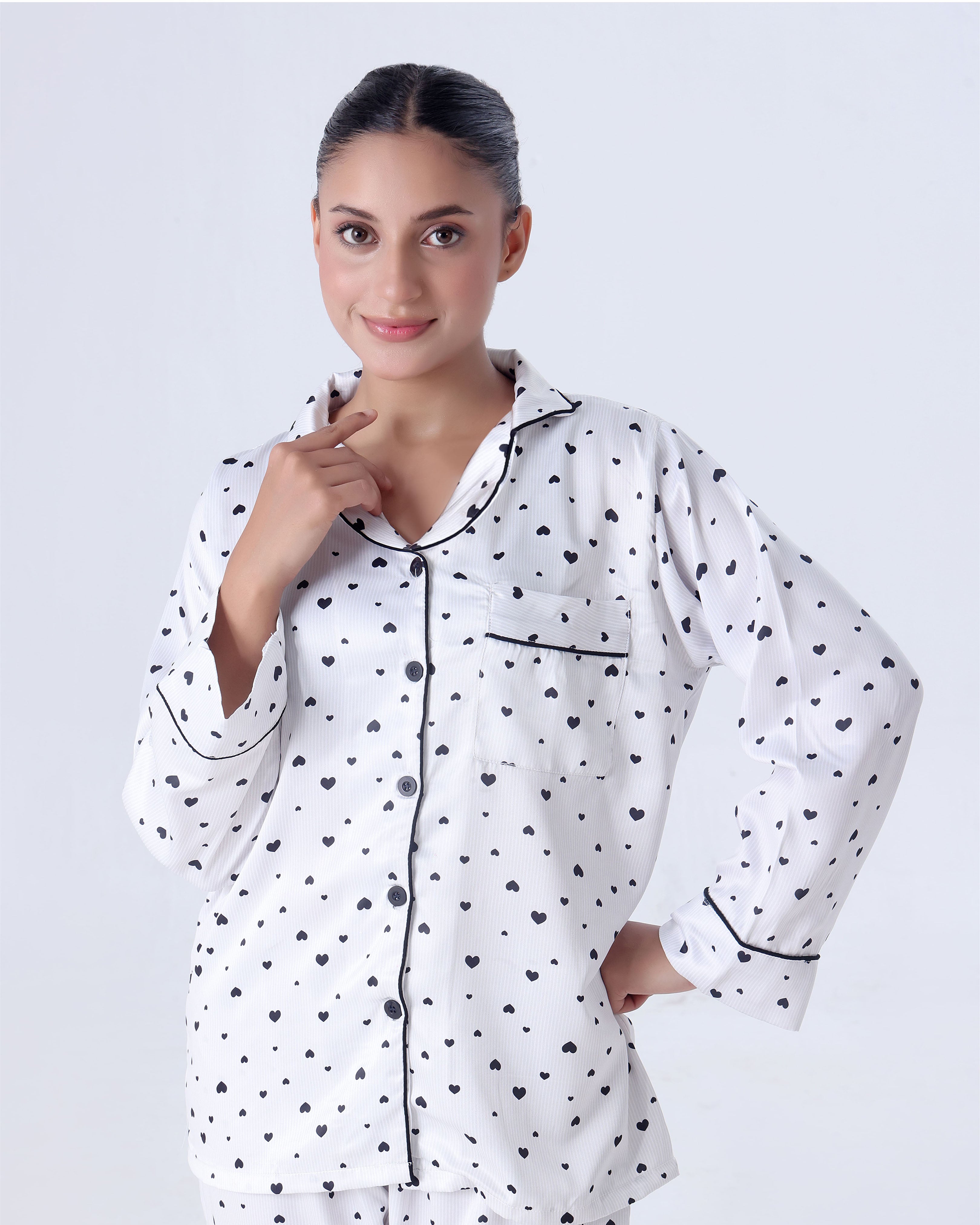 Silk Pajama Suit with Scrunchie - Black Hearts