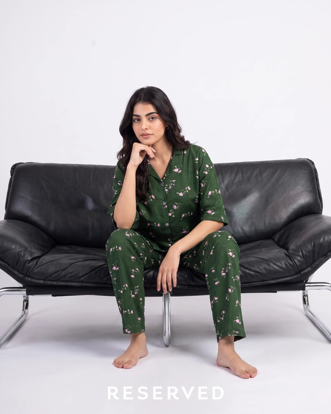 Linen Oversized PJ Set - Floral Breeze - Green