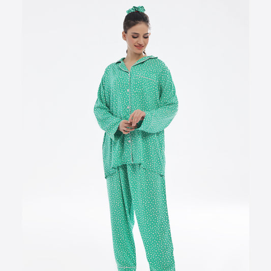 Sajiero Leafy Bloom Linen Pajama Suit with Scrunchie