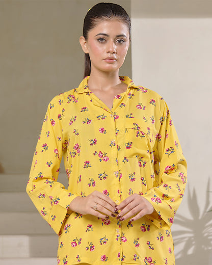 Sajiero Linen Pajama Suit with Scrunchie - Sunny Blossom