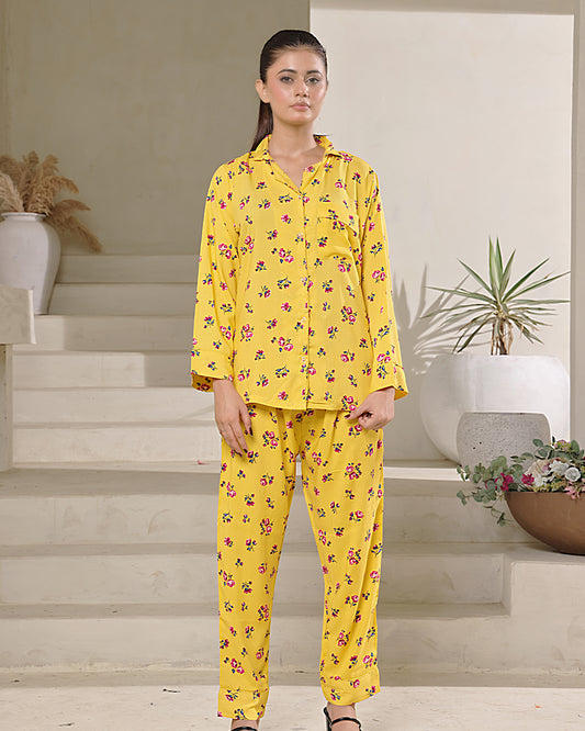 Sajiero Linen Pajama Suit with Scrunchie - Sunny Blossom