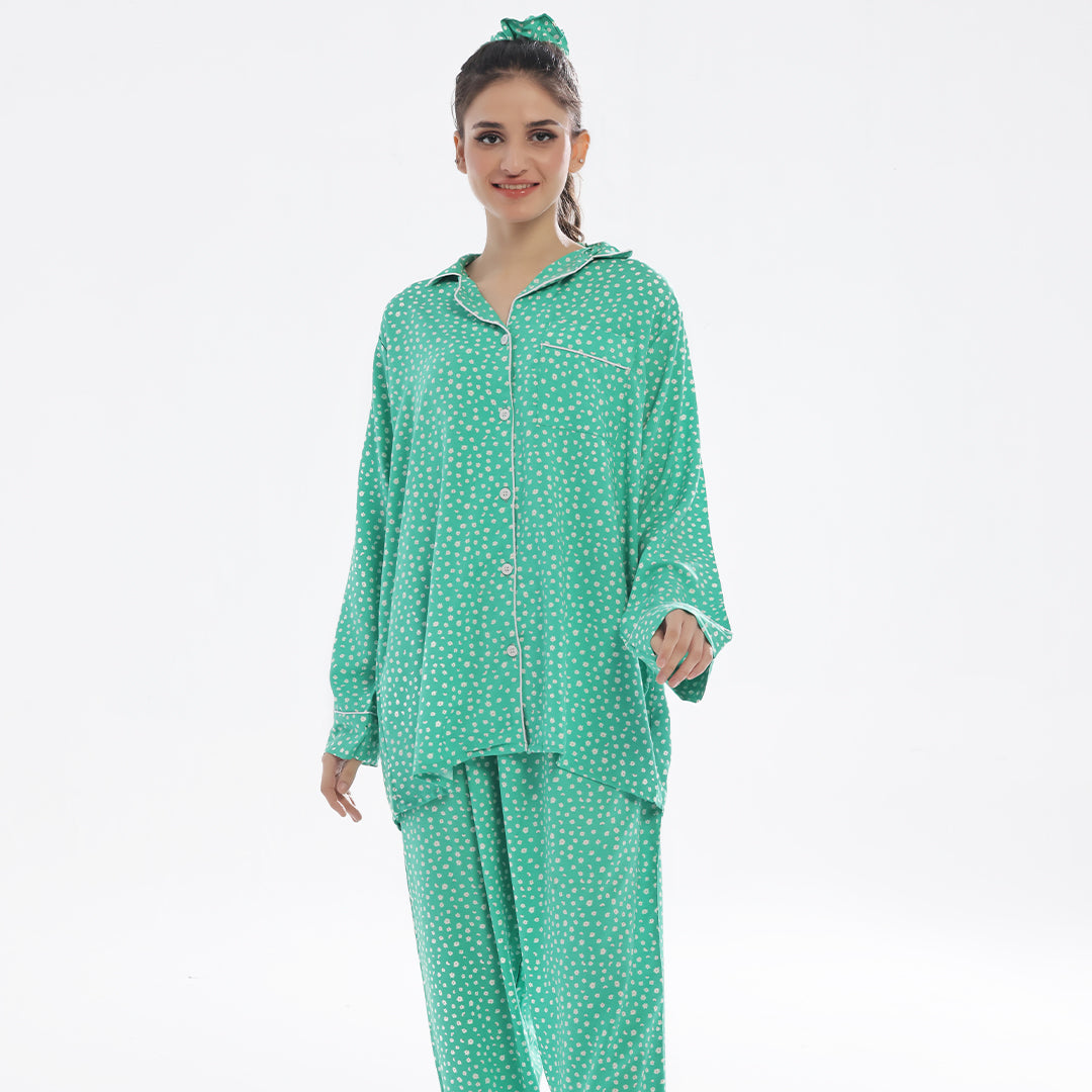 Sajiero Leafy Bloom Linen Pajama Suit with Scrunchie