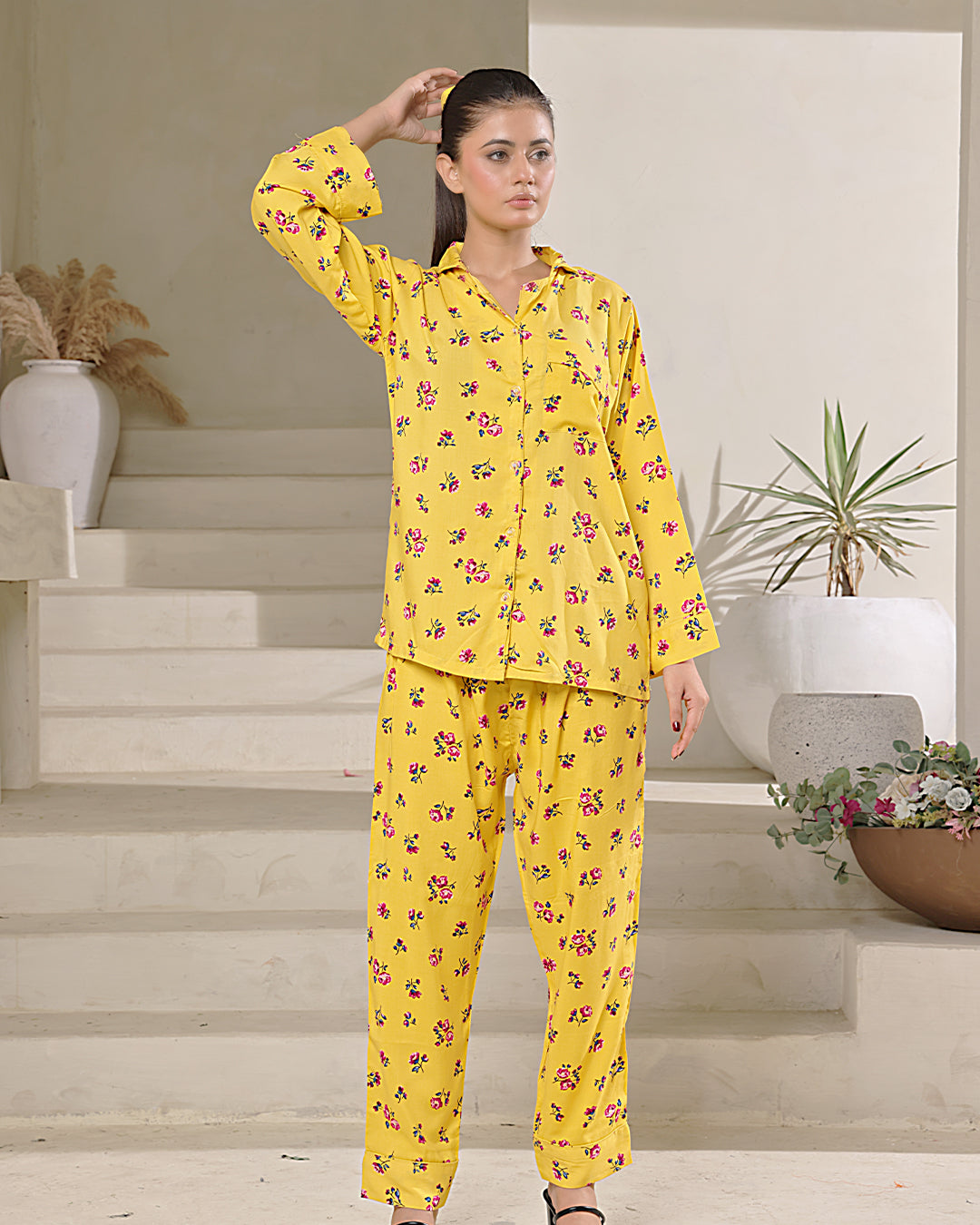 Sajiero Linen Pajama Suit with Scrunchie - Sunny Blossom