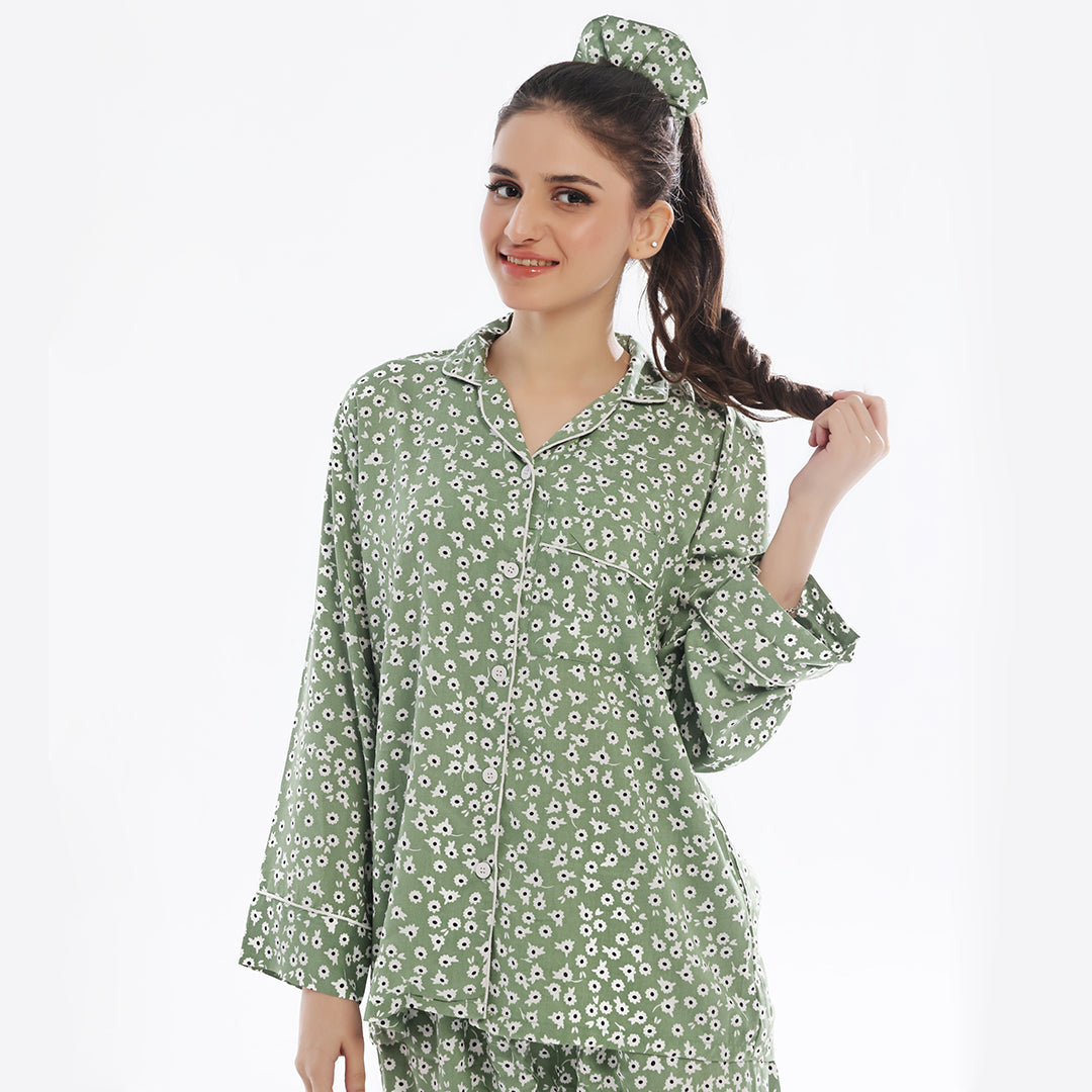 Sajiero Floral Olive Linen Pajama Suit with Scrunchie