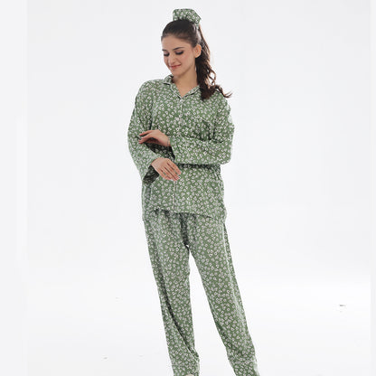 Sajiero Floral Olive Linen Pajama Suit with Scrunchie