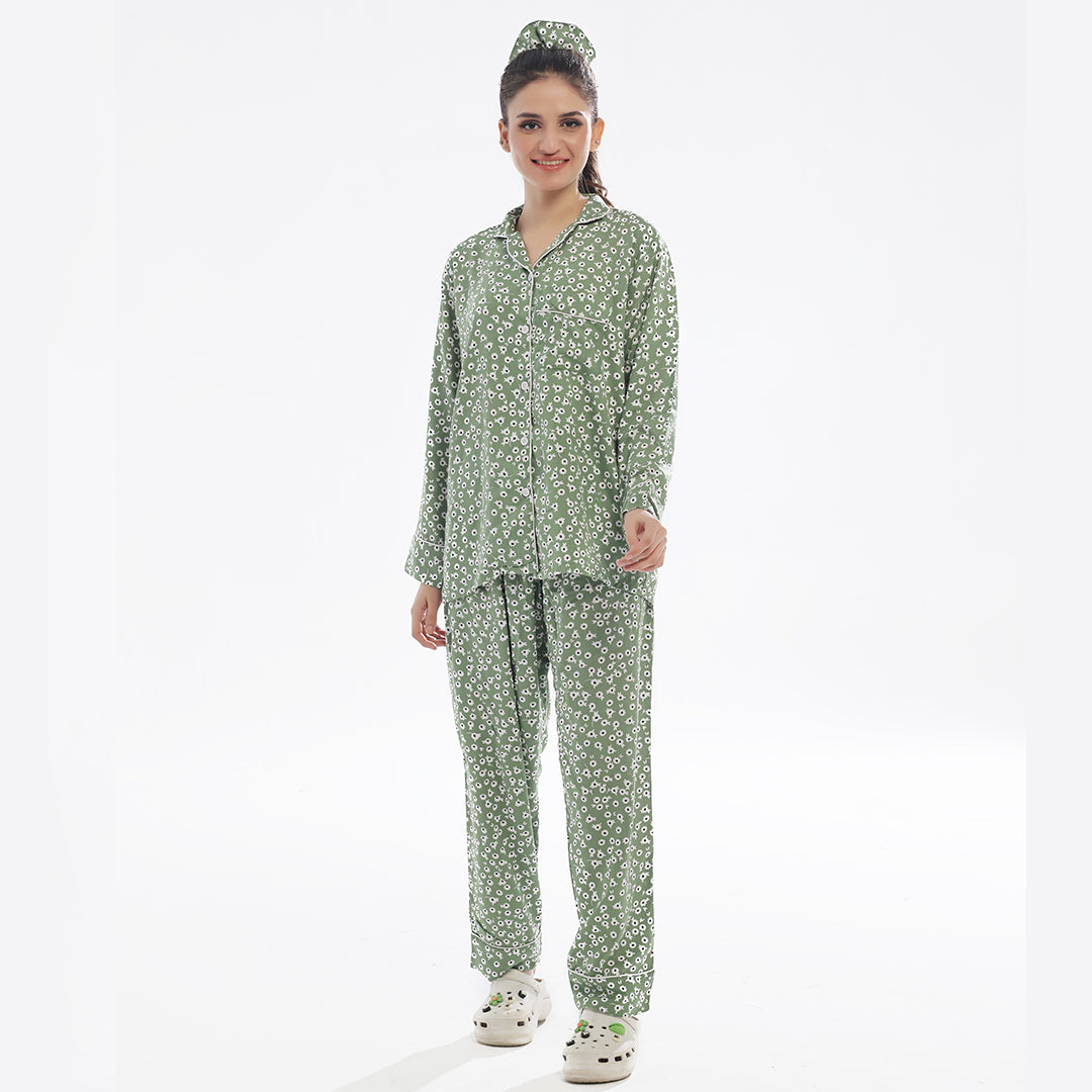Sajiero Floral Olive Linen Pajama Suit with Scrunchie