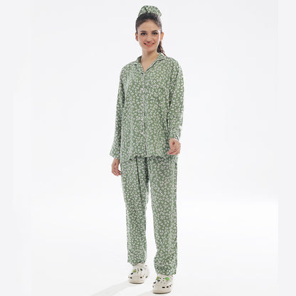 Sajiero Floral Olive Linen Pajama Suit with Scrunchie