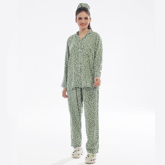 Sajiero Floral Olive Linen Pajama Suit with Scrunchie