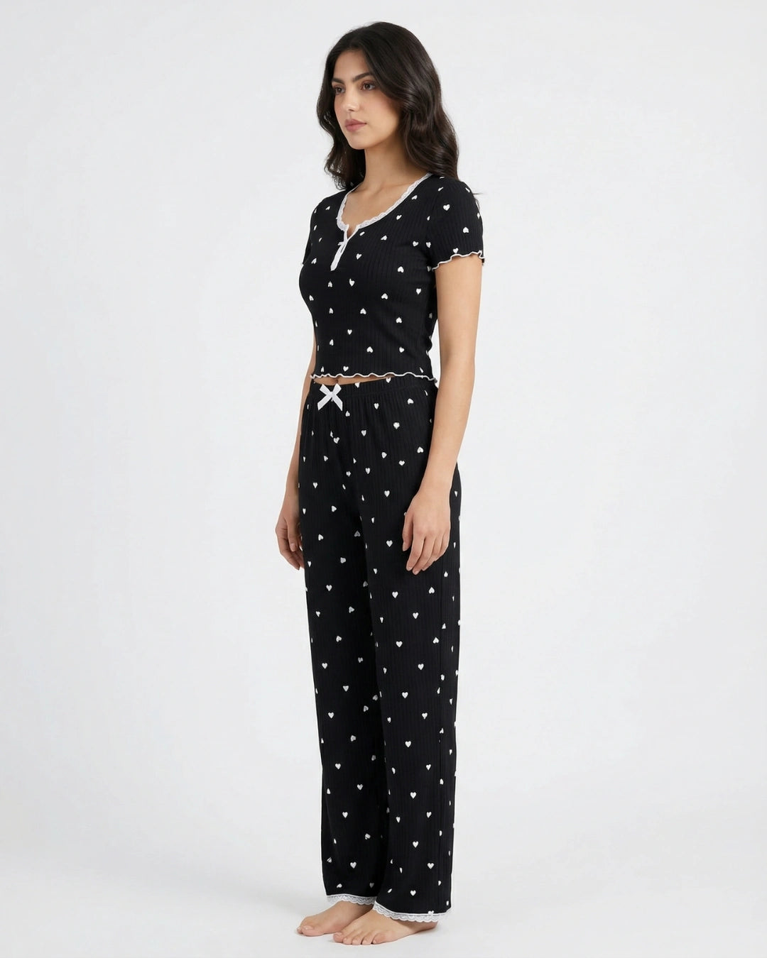 Heart Print Pajama Set with Ruffle Trim - Black