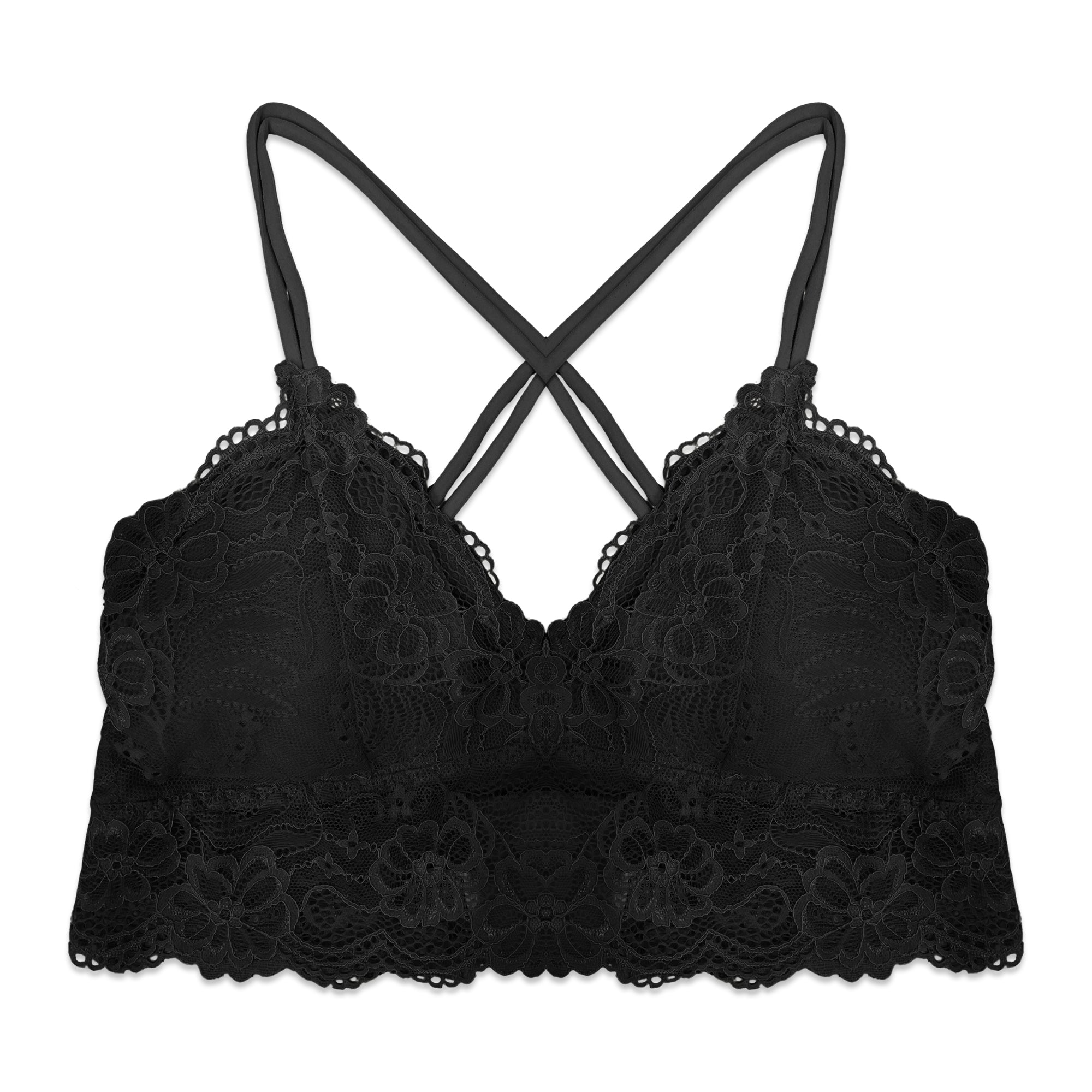 Black lace bralette on a white background