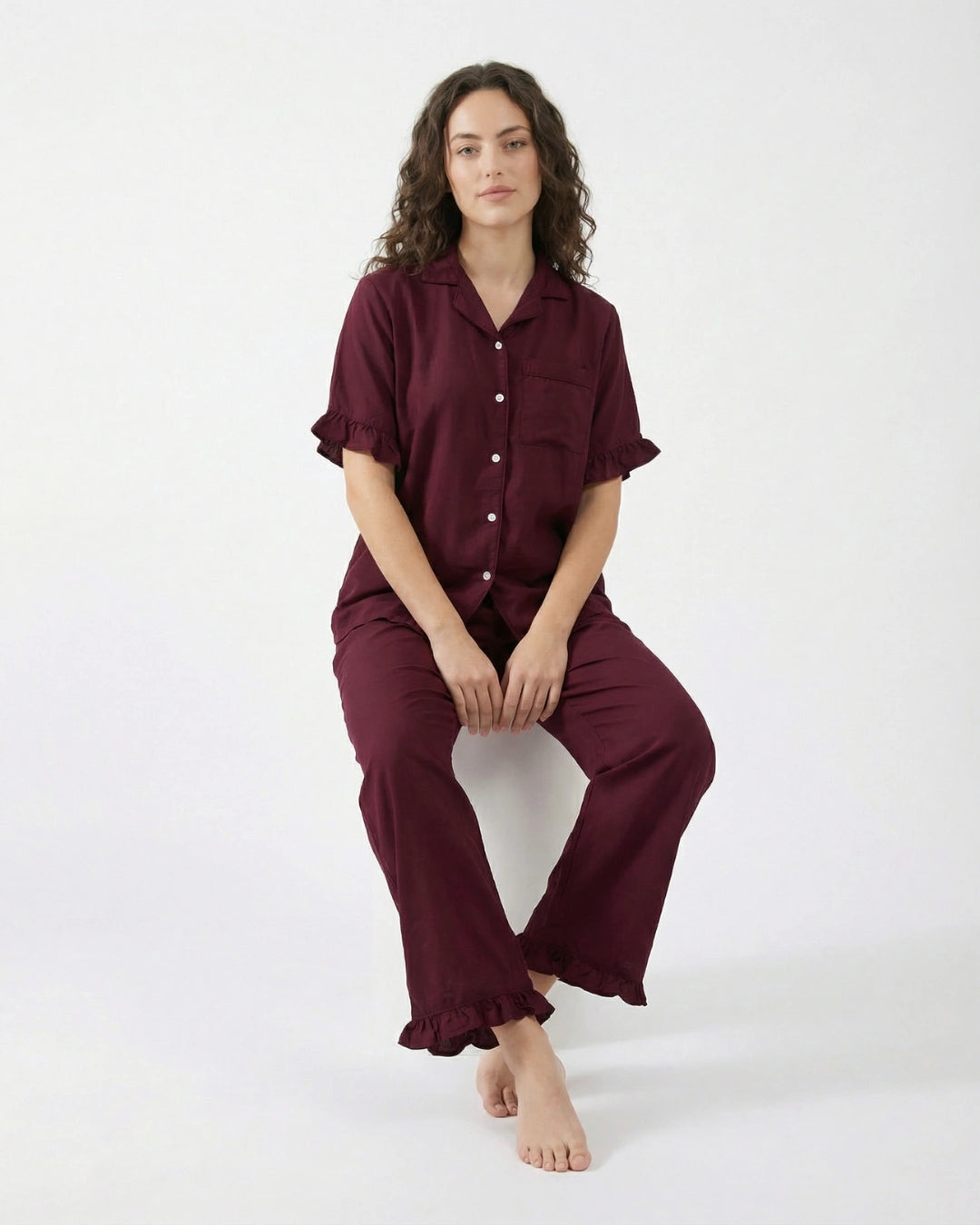 Half Sleeves PJ Set - Linen Comfort - Maroon