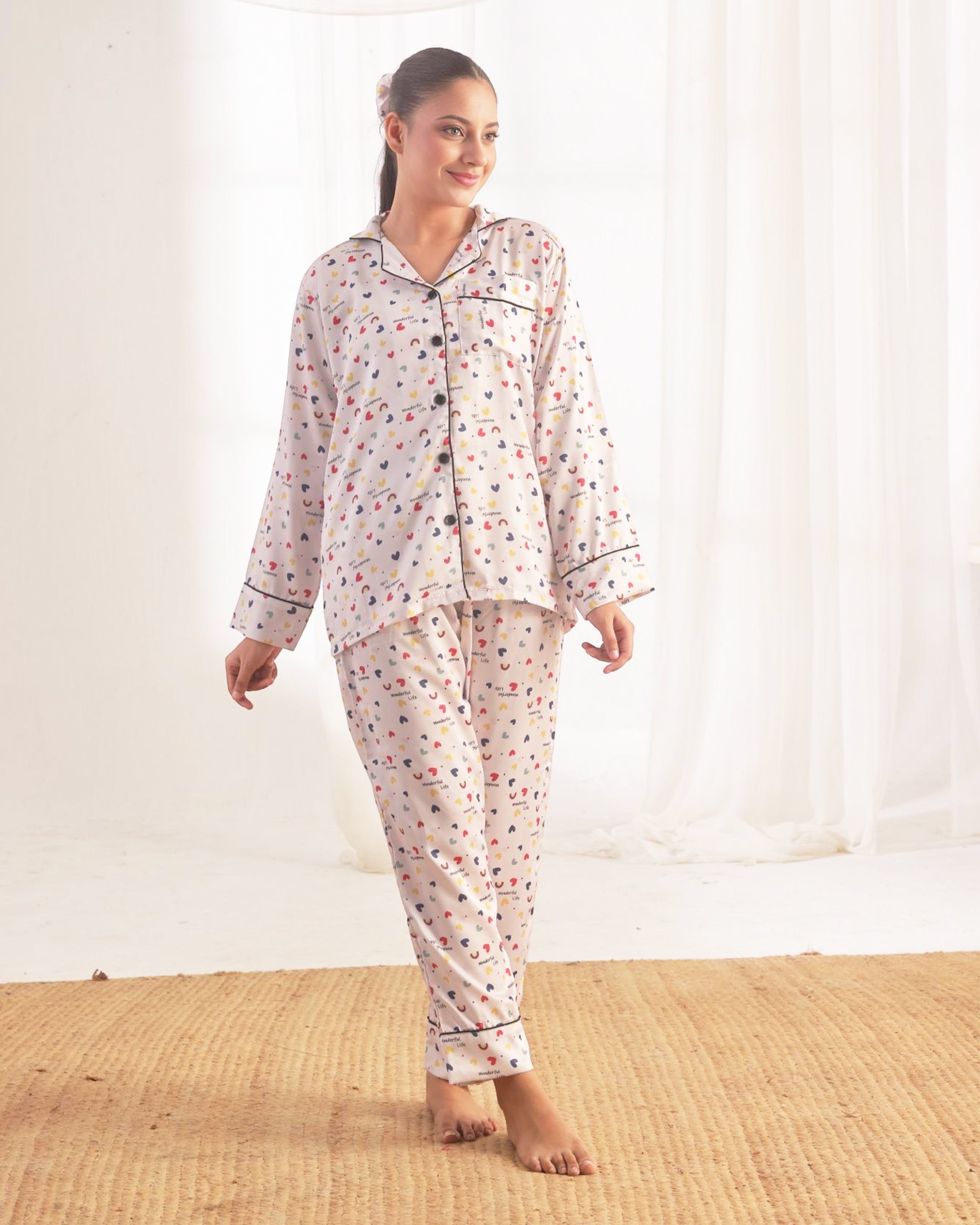 Silk Pajama Suit with Scrunchie - Joyful Hearts