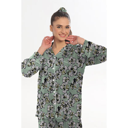 Sajiero Linen Pajama Suit with Scrunchie - Floral Mist