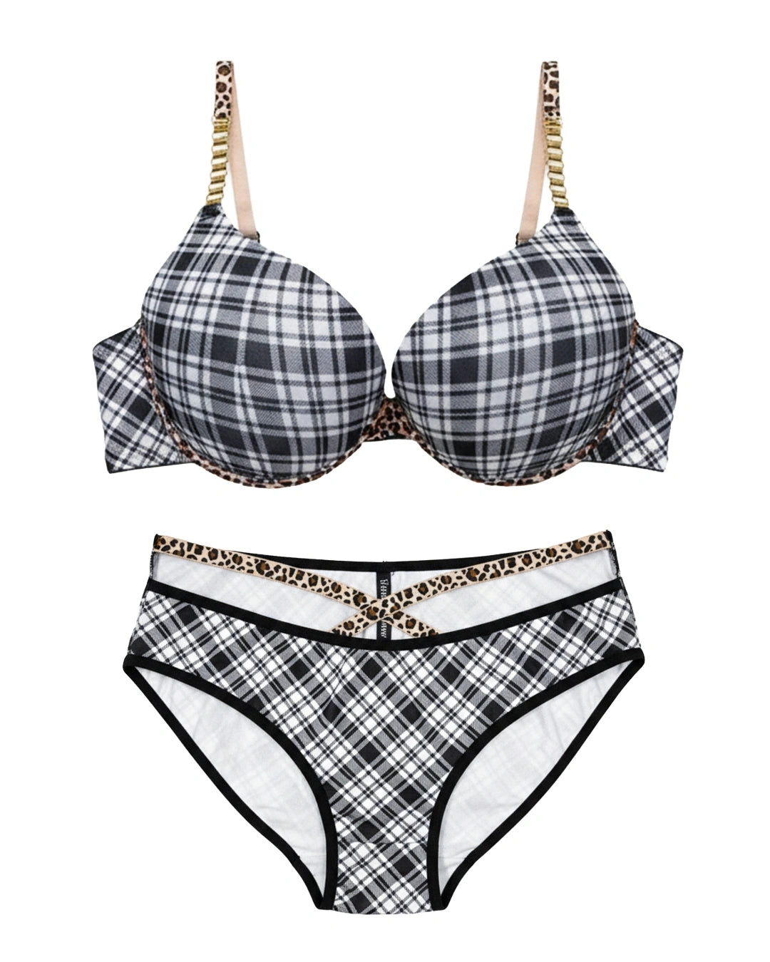 Padded Bra Set - Checked Strap - Grey