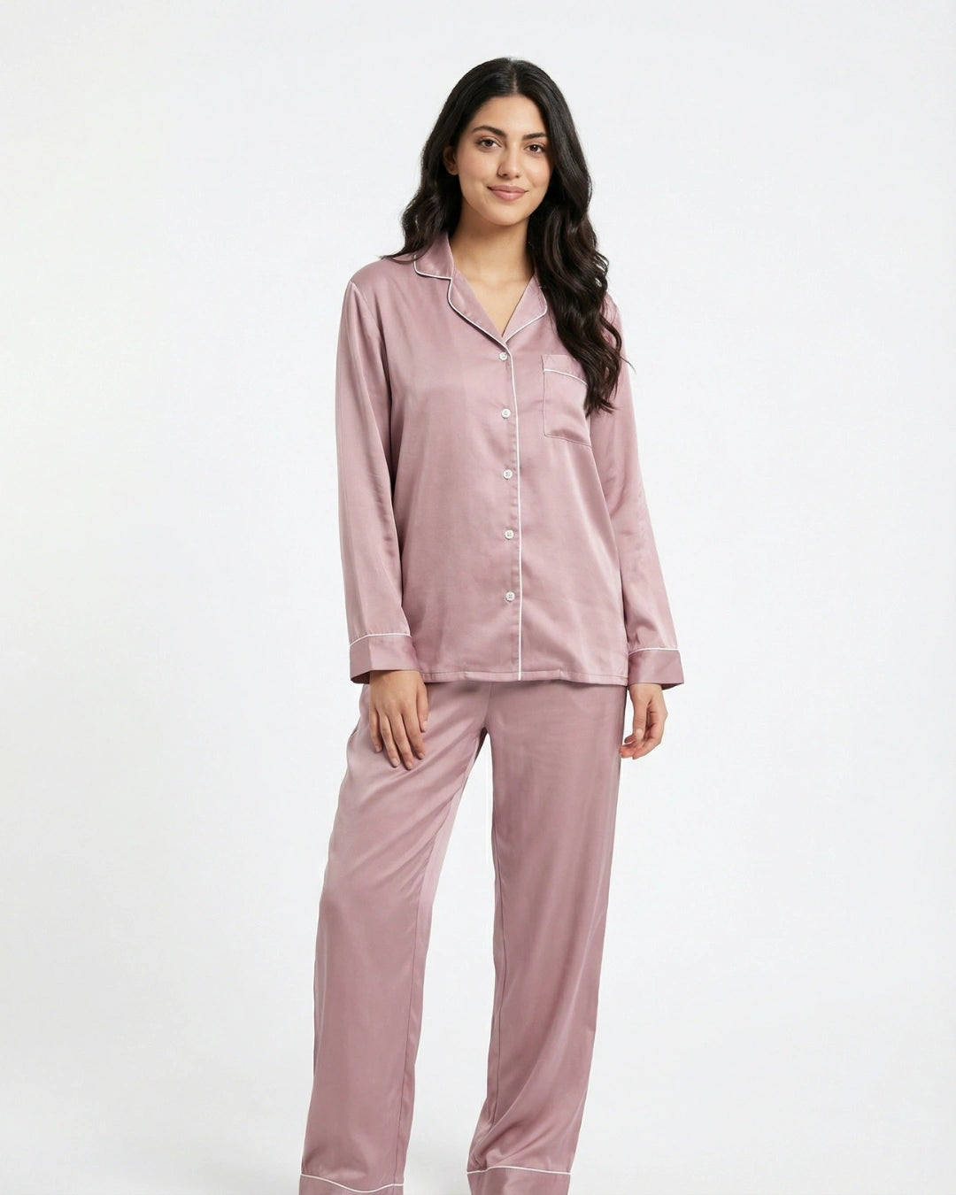 Satin Silk Pajama Suit - Noir - Pink
