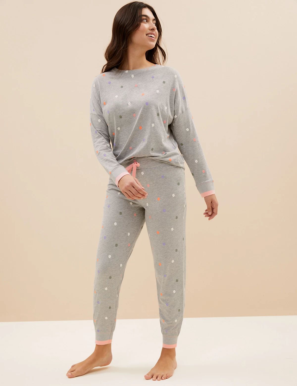Noise cotton printed flowers pajama suit Grey