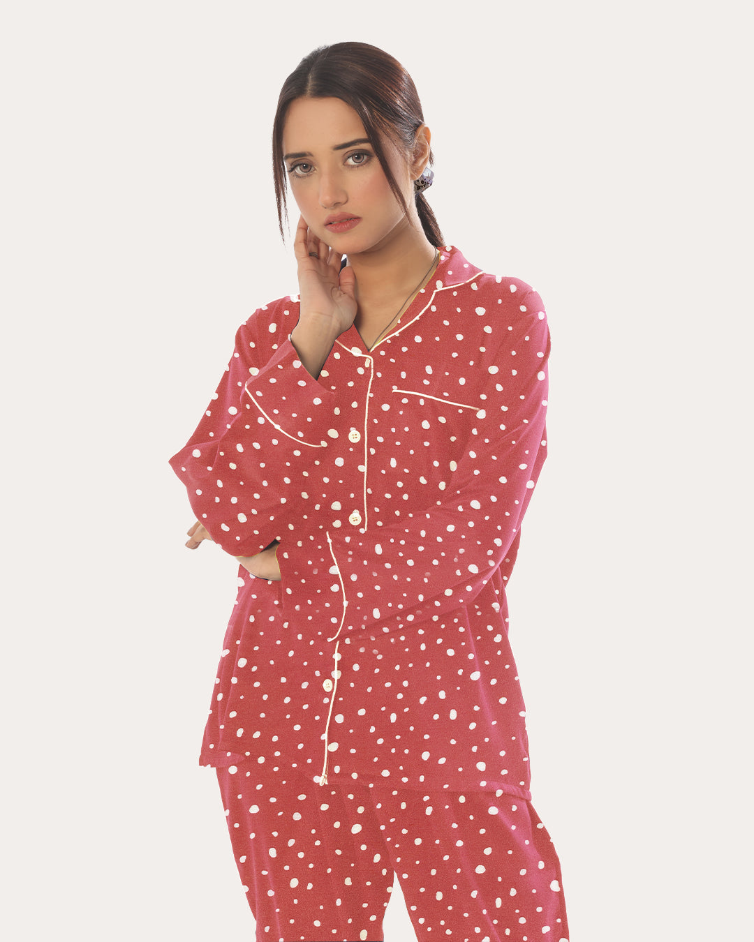 Linen Pajama Suit with Scrunchie - Rosy Polka