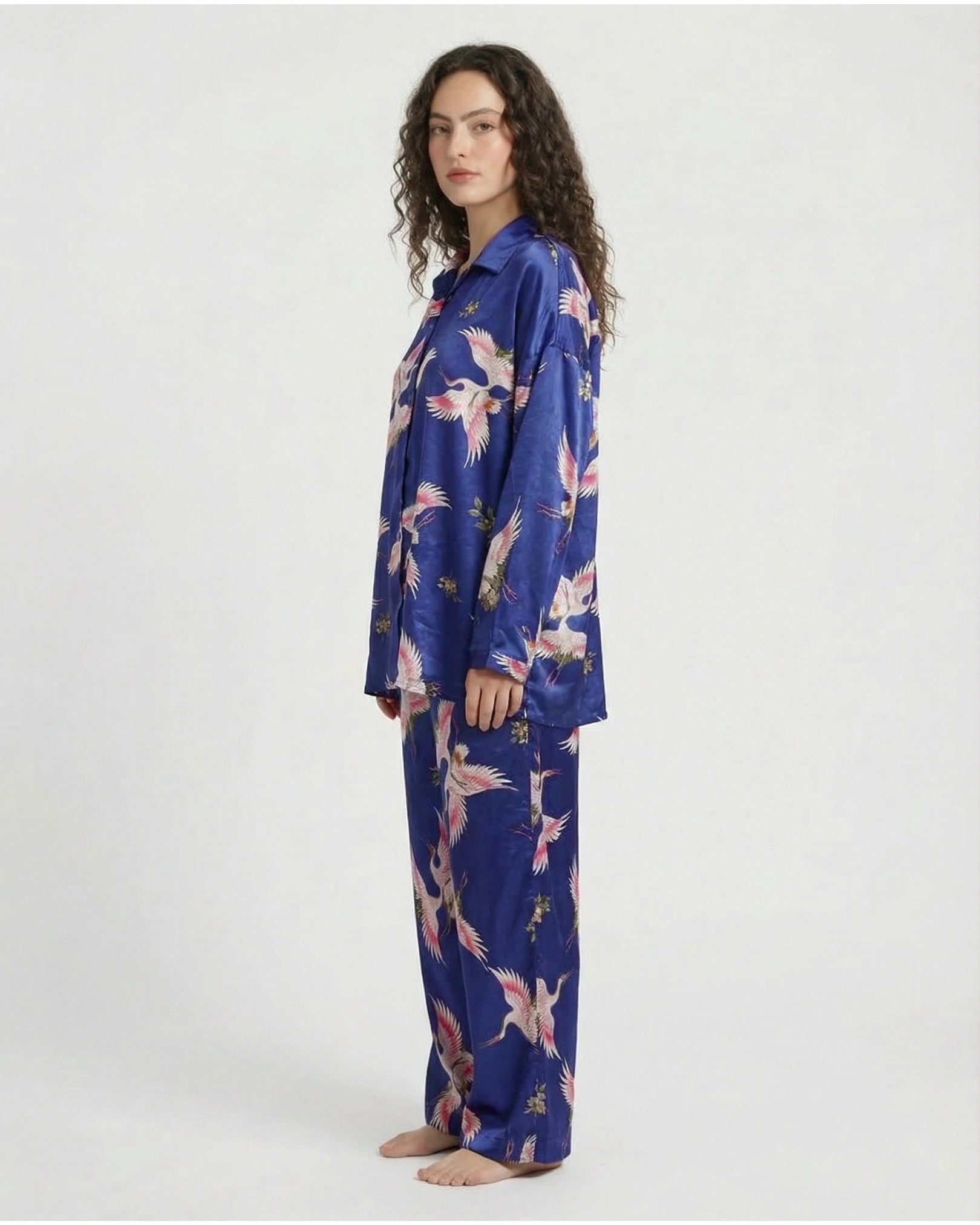 Oversized Silk Pajama Suit - Flamingo - Blue