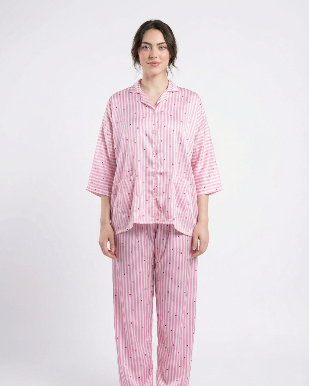 Drop Shoulder Silk Pajama Suit - Dreamy Hearts