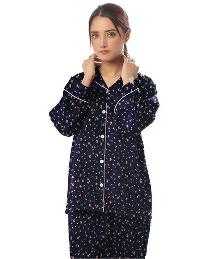 Sajiero Linen Pajama Suit with Scrunchie - Floral Nights