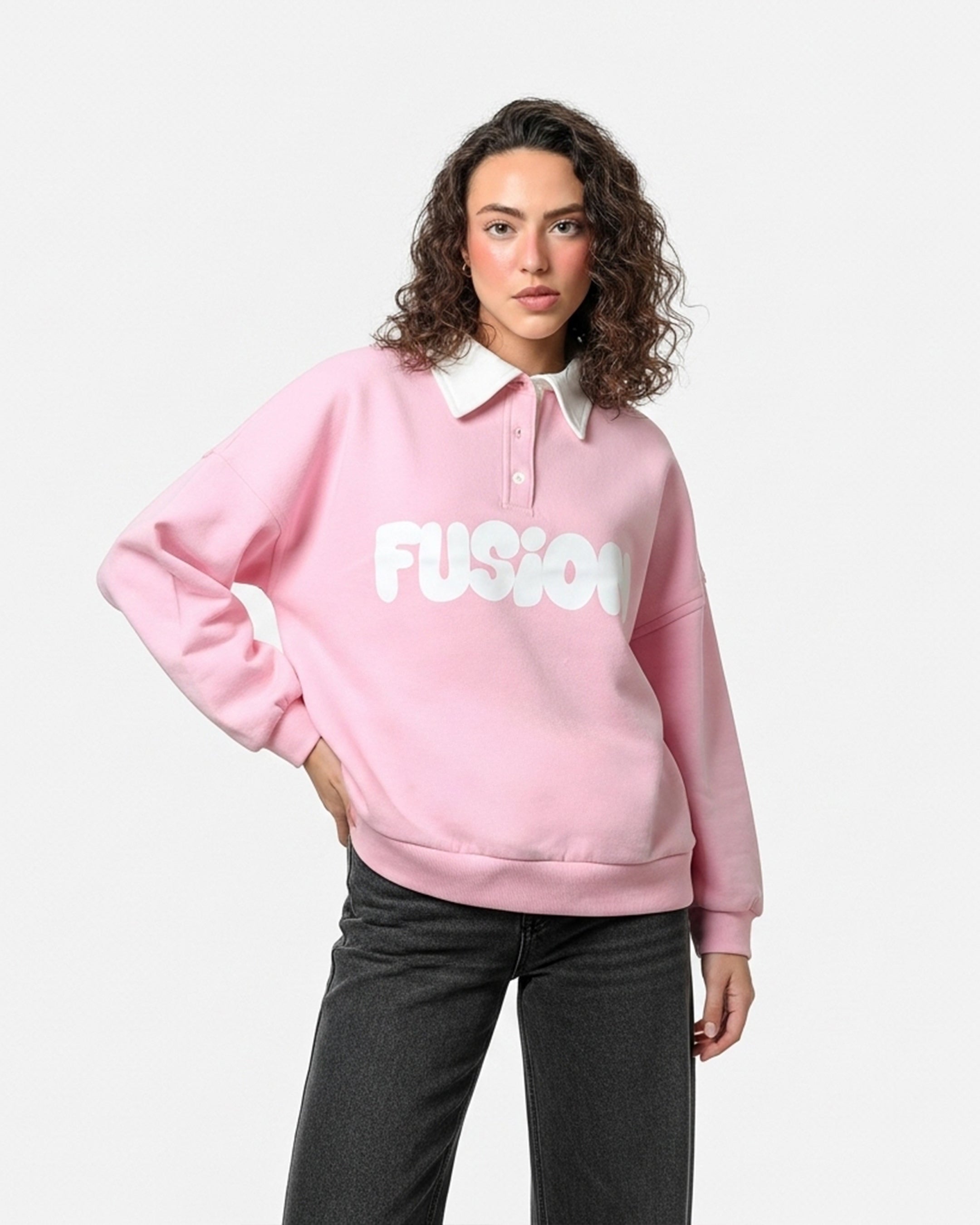 Fleece Polo Style Sweatshirt - FUSION - Pink