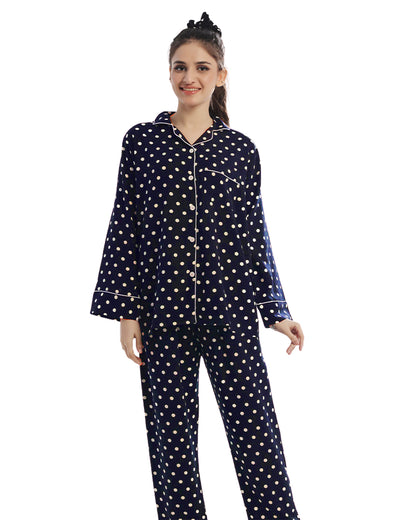 Sajiero Linen Pajama Suit with Scrunchie - Moonlit Polka