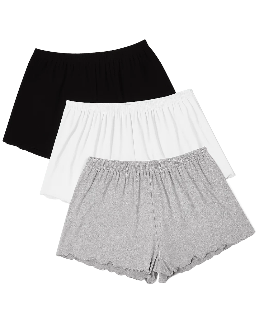 Three pairs of women's underwear shorts in black, white, and gray on a white background.