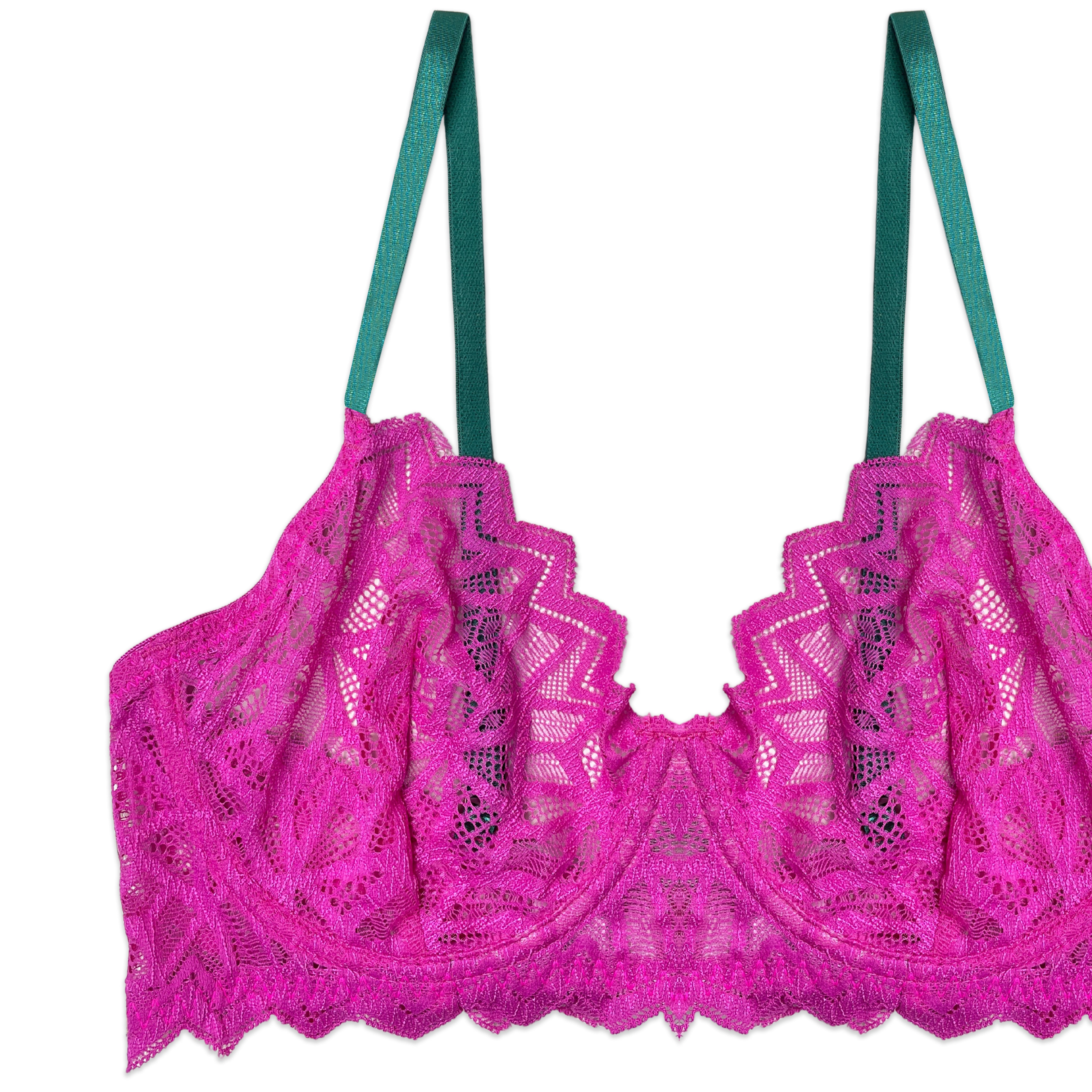 Pink lace bra with green straps on a white background