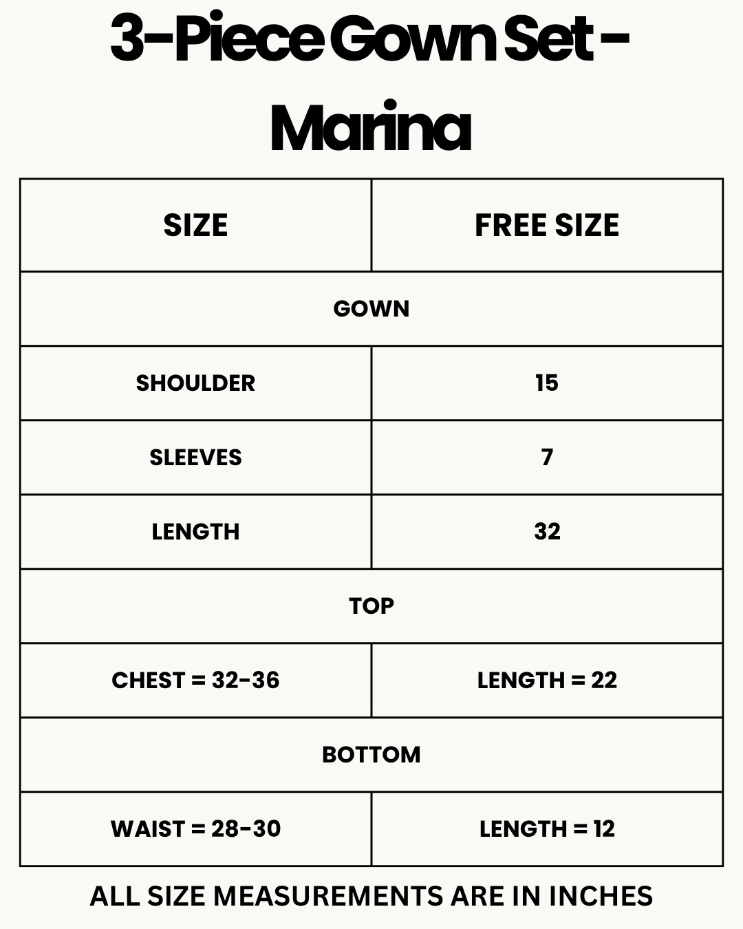 Size Chart for 3-Piece Gown Set - Marina - Blue
