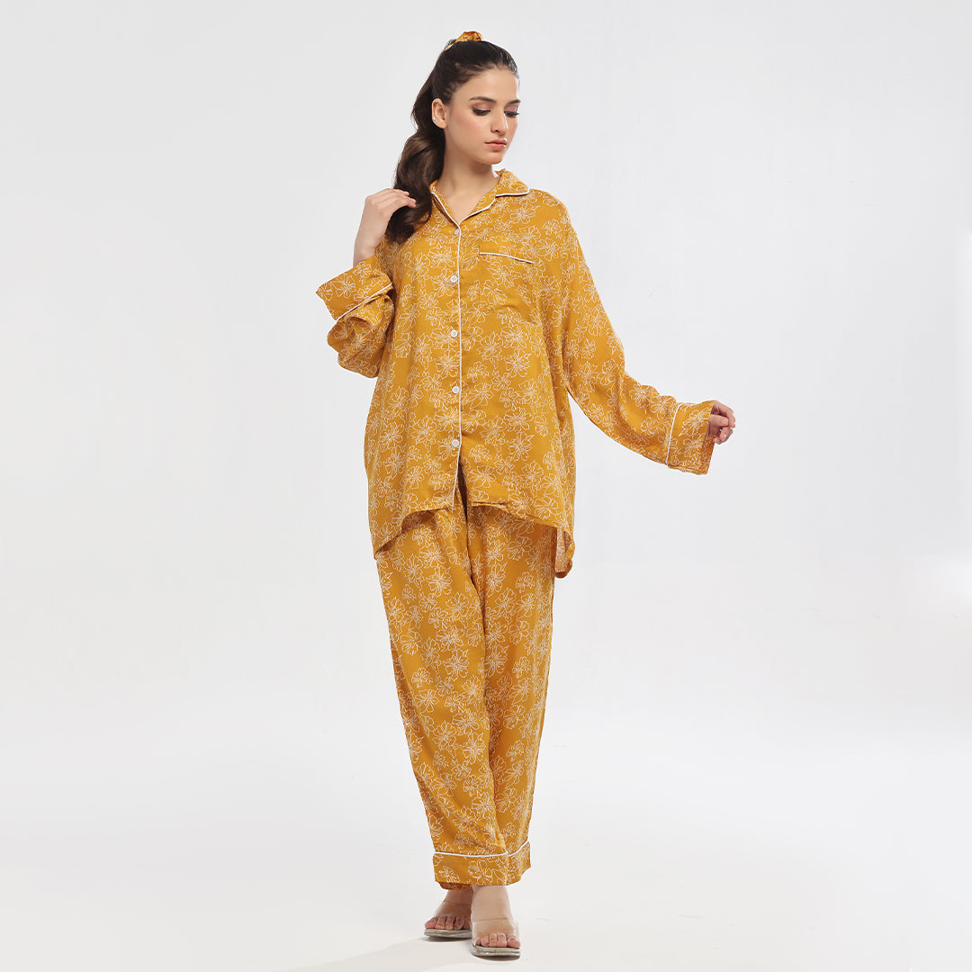 Sajiero Marigold Linen Pajama Suit with Scrunchie
