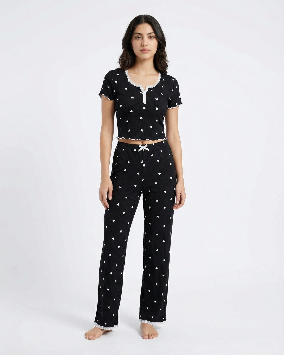 Heart Print Pajama Set with Ruffle Trim - Black