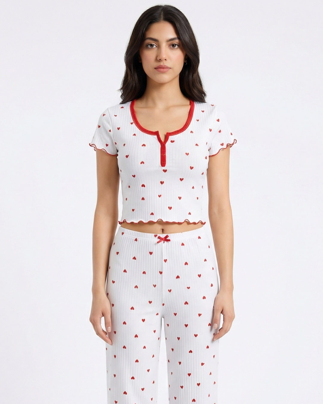 Heart Print Pajama Set with Ruffle Trim - White