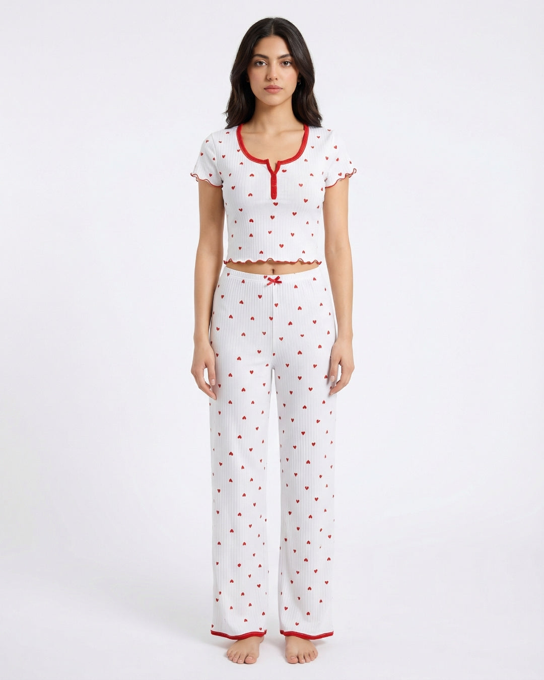 Heart Print Pajama Set with Ruffle Trim - White