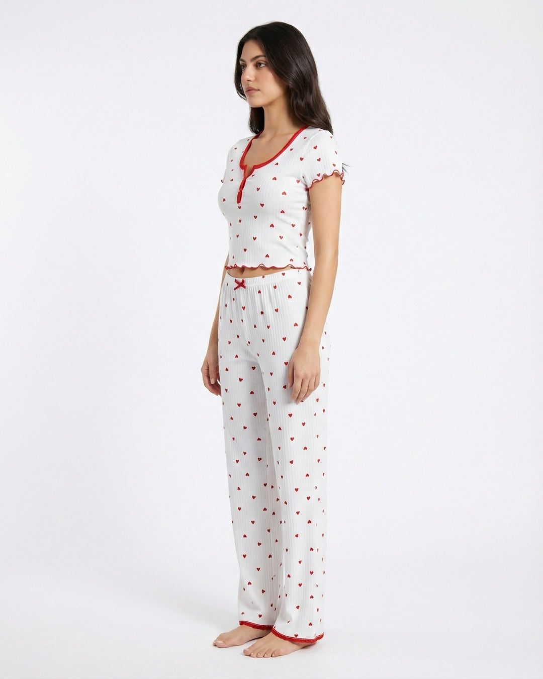 Heart Print Pajama Set with Ruffle Trim - White